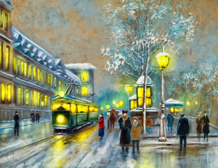 Obraz premium Oil paintings landscape, old tram in the street. Old city, fine art, street scene