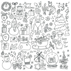 Vector clipart from the symbols of Christmas and New Year's holidays in the style of doodle: santa, a tree with toys, socks, boxes with gifts, spruce branches, garlands, various compositions 