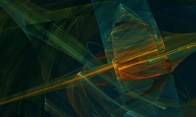 Artistic multilayered 3d composition of dynamic colorful blue green orange strokes, mix of geometry and directions on dark background. Great as cover design for electronics, print, artwork, poster.