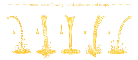 Vector set of yellow and orange trickles, drops, splashes. Pouring liquid elements for promo design of fruit juice, beer, soda, oil and honey. Linear drawing - obrazy, fototapety, plakaty