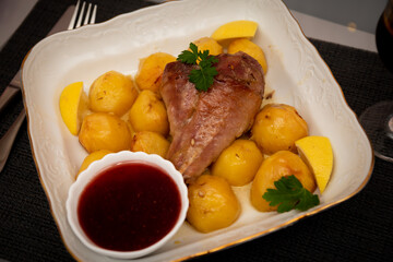 Turkey leg baked with potatoes with cranberry sauce. Delicious food.