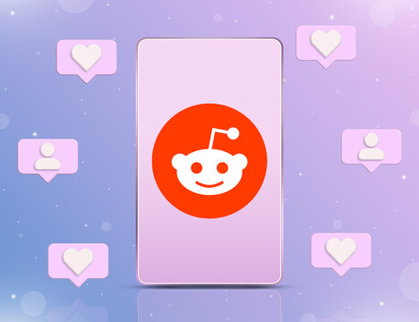 Reddit logo on phone screen with notification icons of new likes and followers around 3d