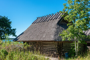 Fototapeta na wymiar Idyllic wooden historic houses with thatched roof in Altja fishing village, northern Estonia