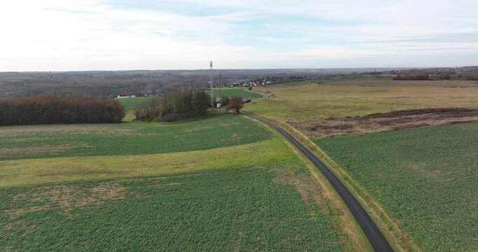 Aerial view of mobile network antennas in France countryside, next to the Loire Valley.