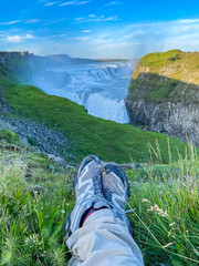 Beautiful aerial view of Iceland Gullfoss waterfall with a rainbow in the Golden Circule