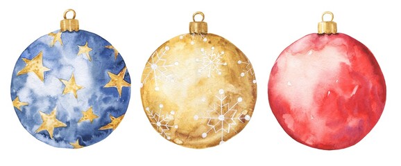 Watercolor christmas tree decorations, balls set on white background. Watercolour illustration.