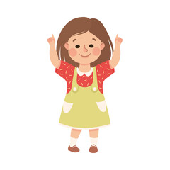 Funny Girl in Pinafore Skirt Pointing at Something with Extending Hand and Index Finger Vector Illustration