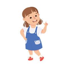Funny Girl in Pinafore Skirt Pointing at Something with Extending Hand and Index Finger Vector Illustration
