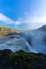 Beautiful aerial view of Iceland Gullfoss waterfall with a rainbow in the Golden Circule