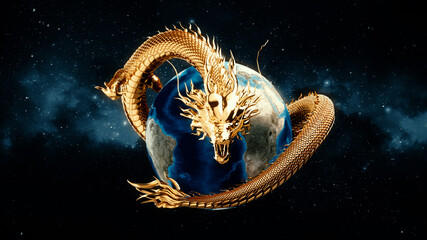 Gold Chinese dragon around the world. © FullFrames