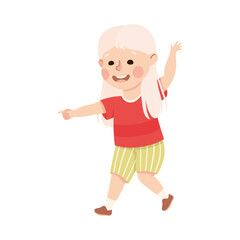 Funny Blond Girl Pointing at Something with Extending Hand and Index Finger Vector Illustration