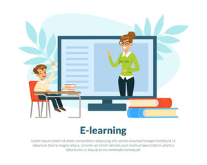 Back to School and E-learning with Computer Interface and Boy Sitting at Desk Vector Template