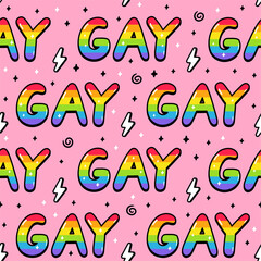 Cool stylish Gay word quote text seamless pattern. Vector doodle cartoon character illustration design. Gay quote text,lgbt rigts slogan seamless pattern print design for poster, t-shirt concept