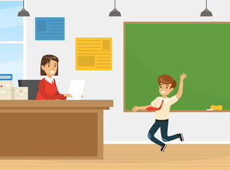 Back to School with Jumping Boy and Teacher Sitting at Desk Vector Illustration