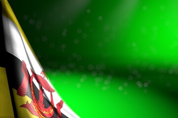 pretty illustration of Brunei Darussalam flag hangs diagonal on green with selective focus and empty space for your text - any occasion flag 3d illustration..