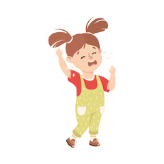 Little Girl in Jumpsuit Standing and Crying Feeling Sad Vector Illustration