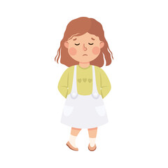Little Girl Standing Looking Down and Feeling Sad Vector Illustration