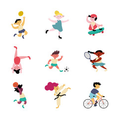 nine kids practicing sports