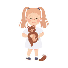 Little Sad Girl Holding Teddy Bear with Ripped Paw and Feeling Sad Vector Illustration