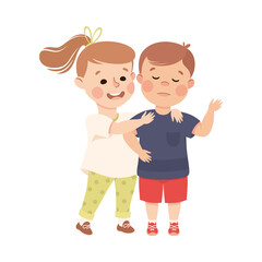 Little Girl Supporting and Comforting Sad Boy Friend Embracing Him Vector Illustration