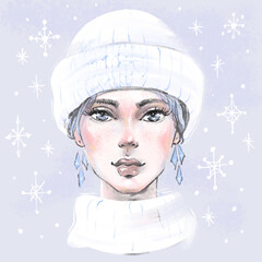 Young girl in a winter hat and scarf. Woman in winter clothes on a blue background. Female character under the falling snowflakes. Woman avatar. Winter concept