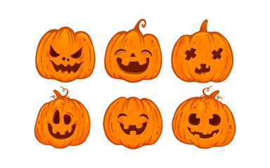 set of halloween pumpkins isolated on white, cartoon, jack o lantern halloween.
