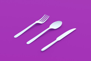 White fork, spoon and knife on violet background. 3d render