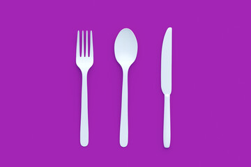 White fork, spoon and knife on violet background. 3d render
