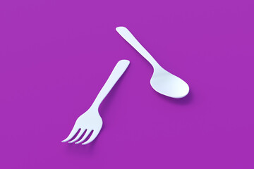 White spoon and fork on violet background. 3d render