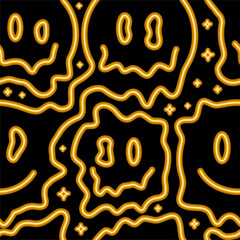 Funny psychedelic surreal melt smile face neon light seamless pattern.Vector illustration seamless pattern.Smile yellow neon face melt,acid,techno,trippy print for t-shirt,poster,card concept