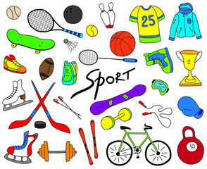 Sport items, sport equipment doodle set collection on white background. Health activity theme. Vector illustration.