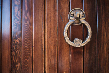 Brown wooden door with brass knocker