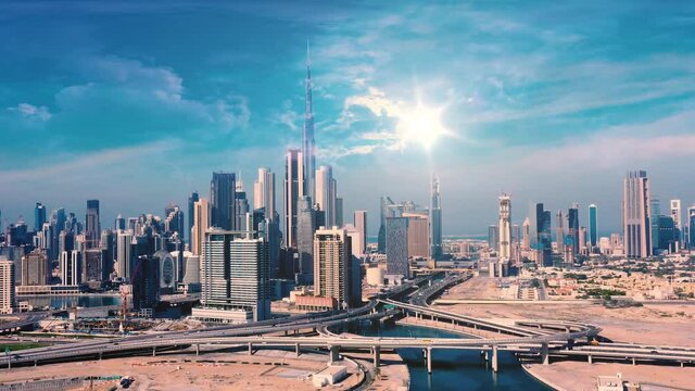 Aerial view on Dubai city from the drone. 
