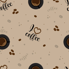 Coffee pattern on a beige background with beans, a coffee mug and the inscription I love coffee. Vector illustration is suitable for packaging, banner, scrapbooking, textiles