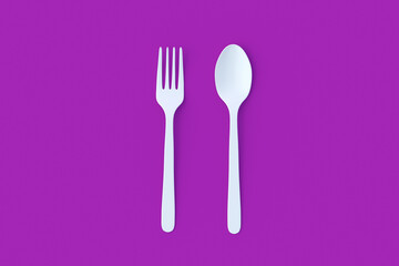 White spoon and fork on violet background. Top view. 3d render