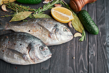 fresh fish ingredients wood board restaurant delicacy