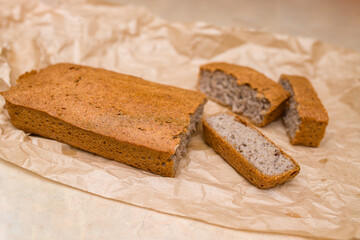Homemade bread on a vintage background. Their buckwheat flour bread. Buckwheat bread. Golden baked...