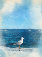 Watercolor pattern of a sea seagull scenic colorful illustration