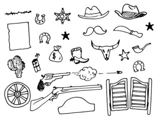A set of Wild West icons. hand-drawn vintage elements in the style of doodles of cowboy boots for rodeo in the wild West style with spurs, pipe, shotgun, bullet, salon doors, cactus, hat with black ou