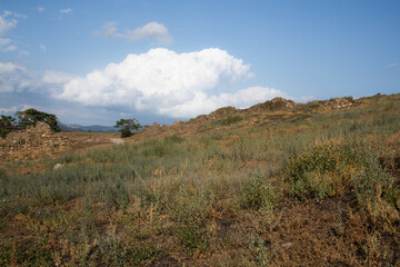 The Genoese fortress is a ancient fortress in the city of Sudak on the Crimean peninsula, built by the Genoese as a stronghold on the Black Sea. Tourism concept, travel, landmarks.
