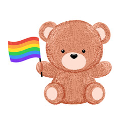 Cute funny bear toy with LGBT flag. Vector cartoon kawaii hand drawn pencil style character illustration. Funny happy bear,LGBT,gay flag character print for clothing,card,t shirt,logo,poster concept