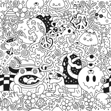 Psychedelic trippy seamless pattern,page for coloring book.Mushroom,magic wizard smoking.Vector cartoon character illustration.Trippy 60s,70s,magic mushroom,acid,cannabis seamless pattern art concept