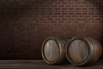 Old oak barrels in the cellar. Fermentation of alcoholic beverages. Wine warehouse.