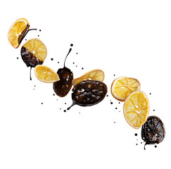 Dried oranges poured with melted chocolate in the air on a white background