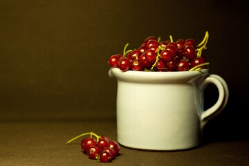 Red currant in a blue bowl on black background close up,summer dessert,image for poster,wall canvas,horizontal cover design,home decor,vegetarian diet,ingredient for cooking,tasty useful snack