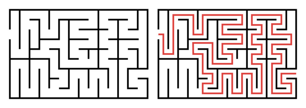Abstract maze. Find right way. Isolated simple square maze black line on white background. Vector illustration.