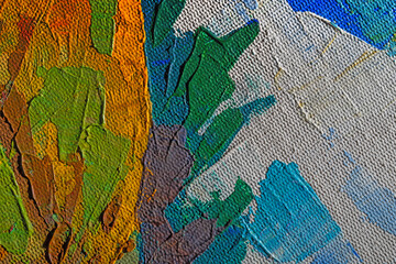 Abstract background closeup of a painting with brushstrokes. Rough art paint smear. Large multicolor spots of brush strokes and palette knife on the canvas