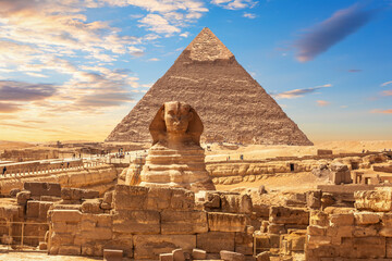 The Great Sphinx and the Khafre Pyramid, Egypt, Giza