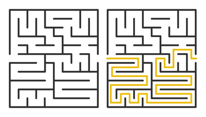 Abstract maze. Find right way. Isolated simple square maze black line on white background. Vector illustration.