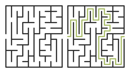 Abstract maze. Find right way. Isolated simple square maze black line on white background. Vector illustration.